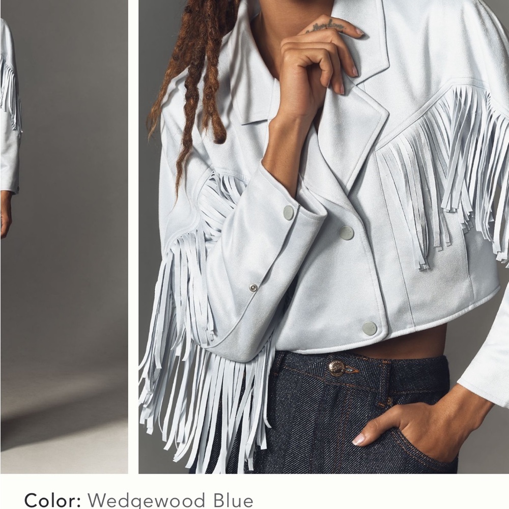 Pilcro Faux Suede Fringe Moto Jacket Wedgewood Blue Sz M - very Lt Blue NWT - Picture 2 of 15